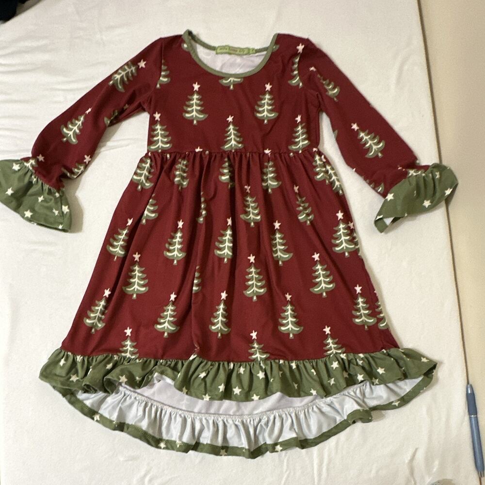 Millie Loves Lily Girls 8 Red Christmas Tree Print Long Sleeve Ruffle Dress